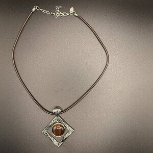 Boho Geometric Pendant Necklace Brown Stone Silver Tone Leather Cord Adjustable